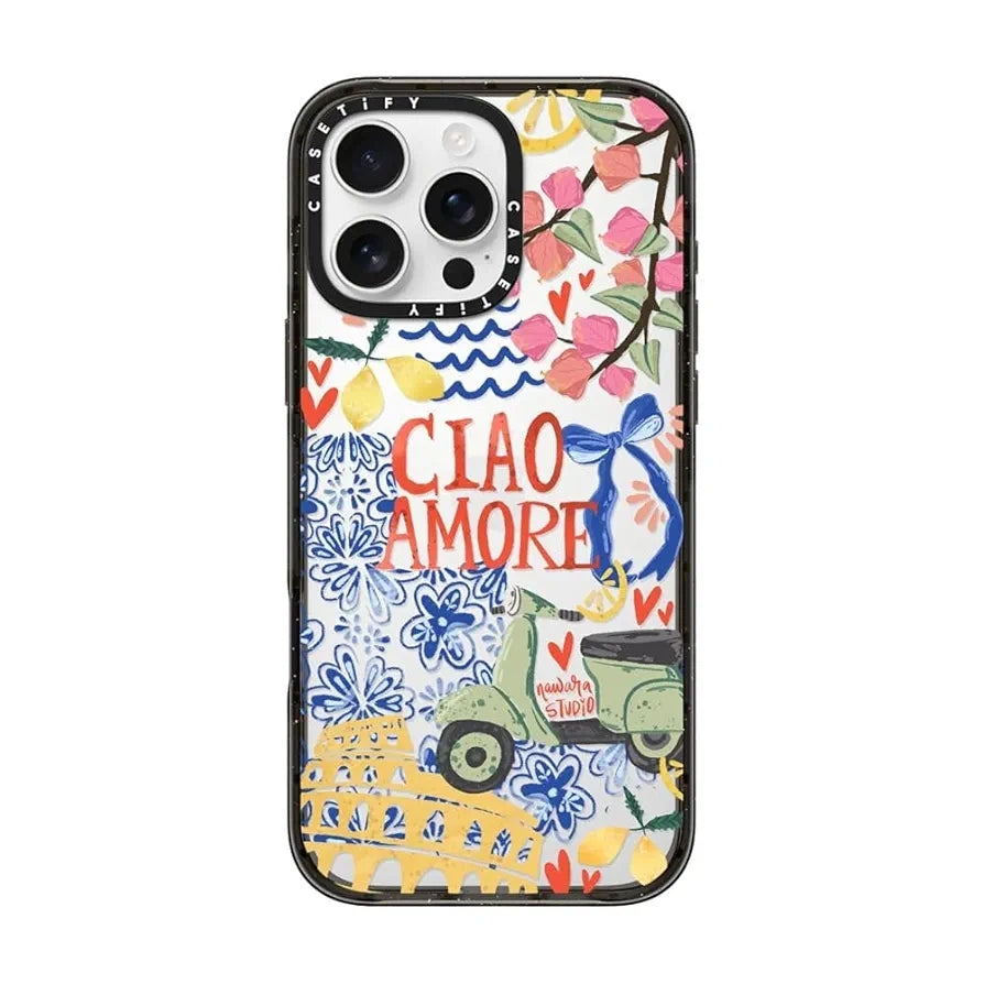 CASETiFY Impact Case for iPhone 16 Pro Max [Slim / 8.2 ft. 4X Military Grade Drop Protection/Wireless Charging Compatible] - Ciao Amore - Clear Black